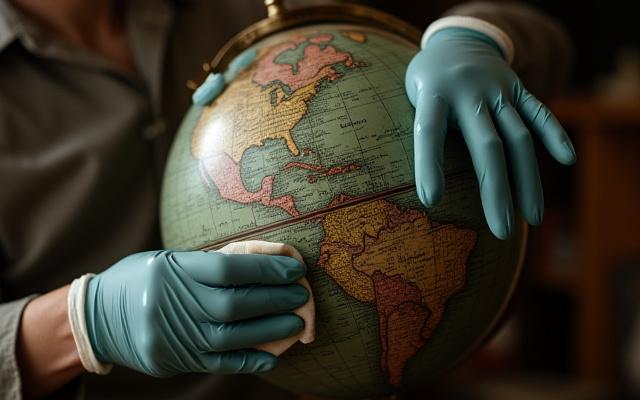 アンティークの地球儀を丁寧にクリーニングする様子