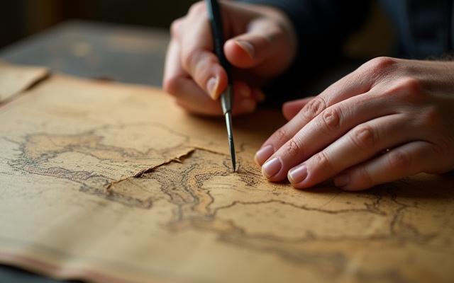 破損した古地図を修復する職人の手元